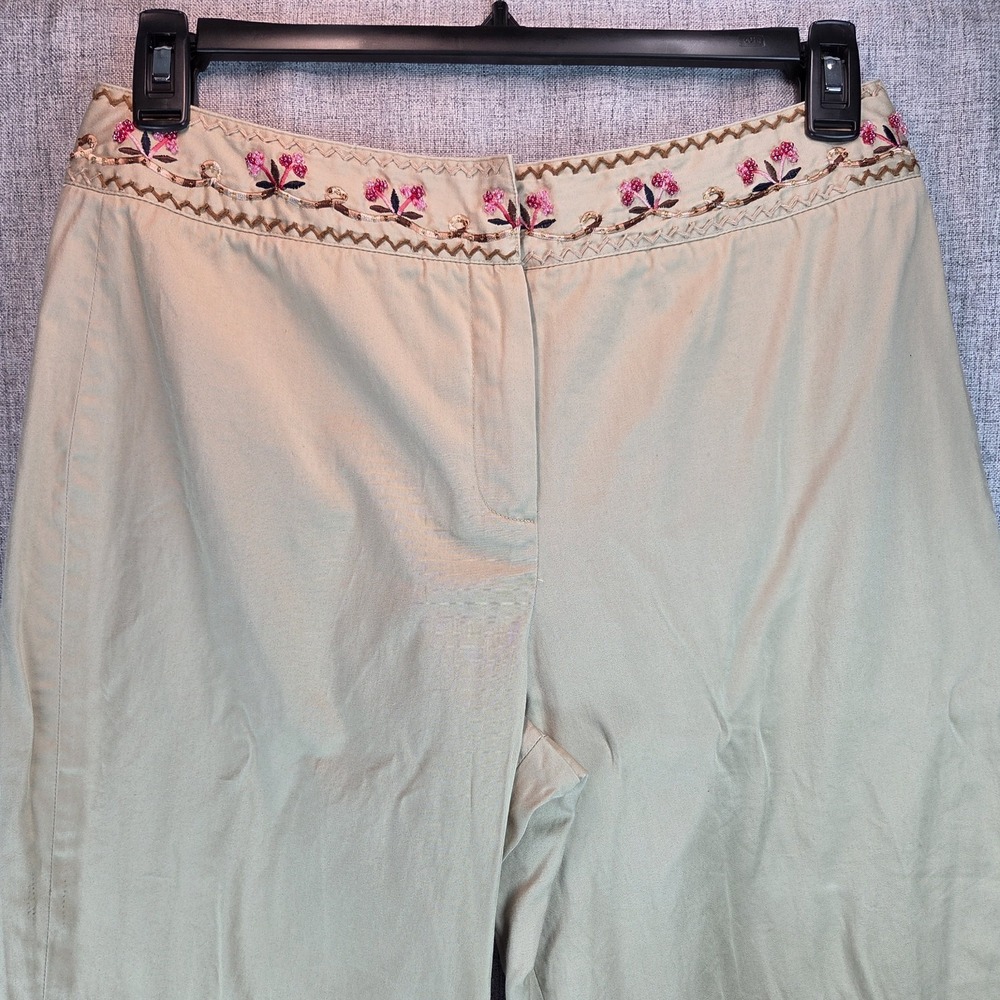 VTG Khaki Pixie Pant Y2K Embroidered Beaded Floral Waist Sz 12 High Point Fairy